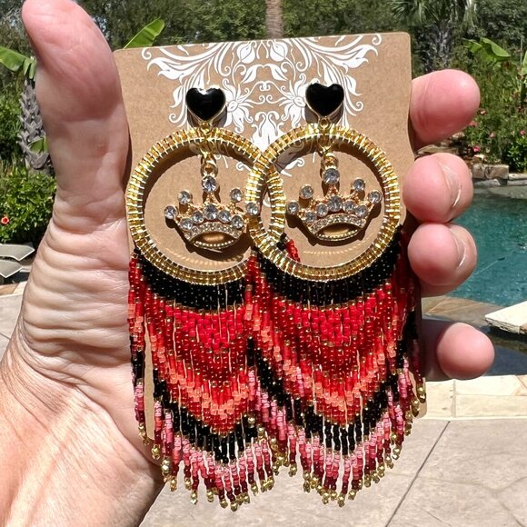 Handmade Beaded Queen Long Fringe Dangle Drop Lightweight Post Hoop Earrings - Picture 9 of 10